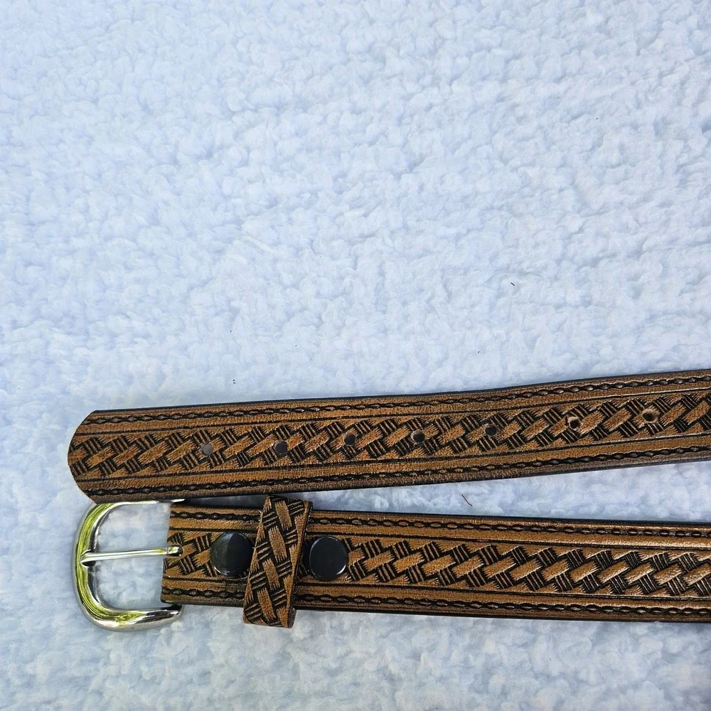 C.L. Belt Mens Small Brown Basketweave Western Tooled Leather Silver Buckle 9700